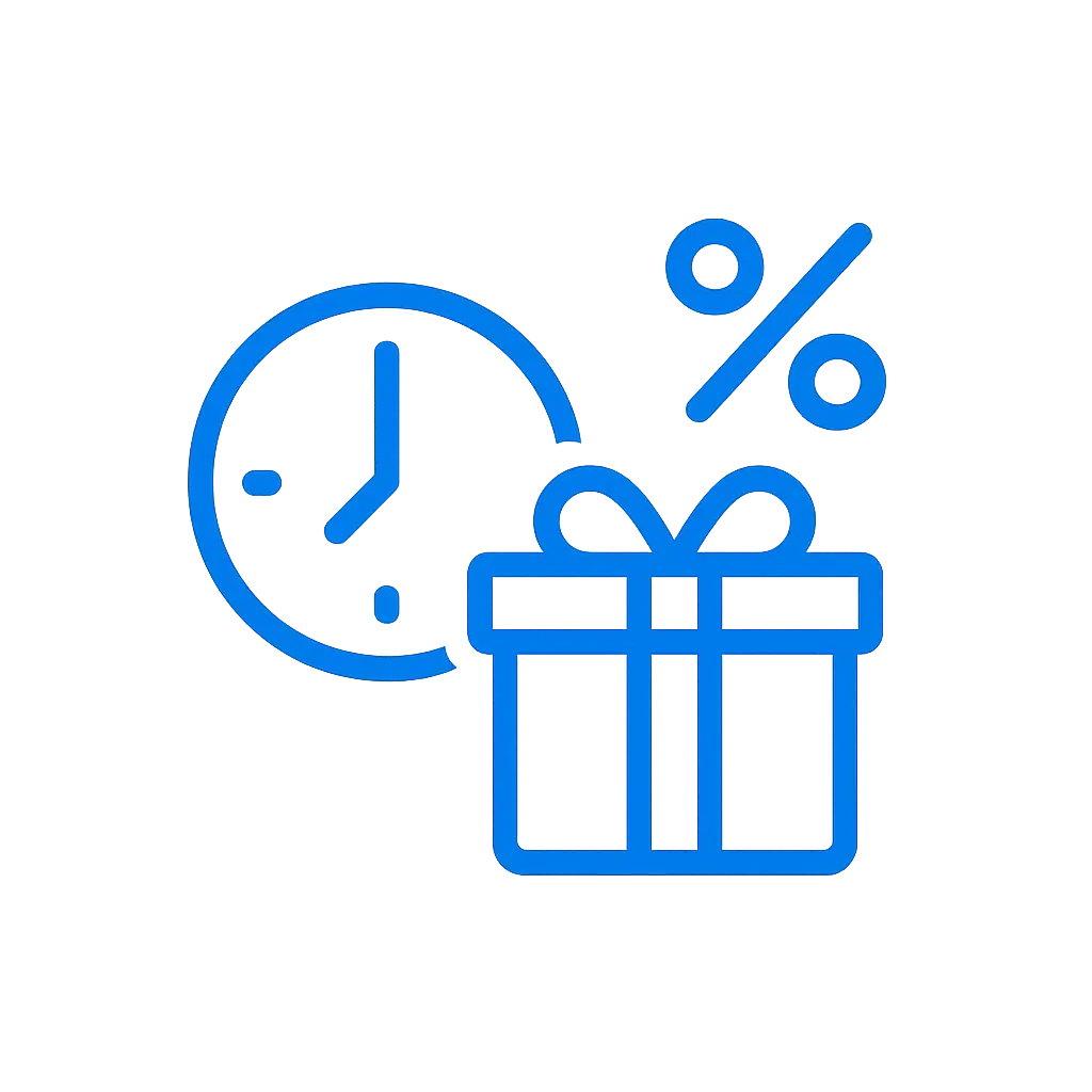 Flat blue icon showing a clock, a gift box, and a percentage symbol representing a bonus period.