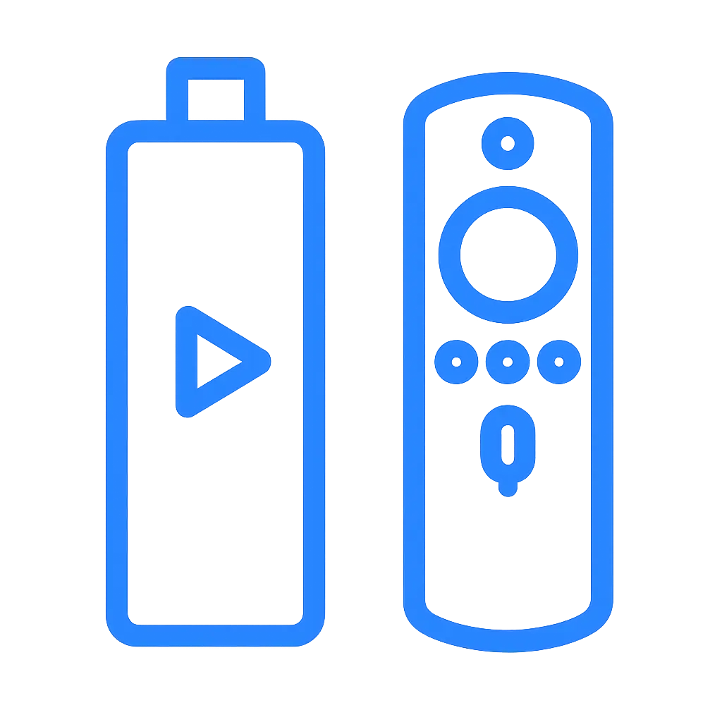 Flat blue icon showing a Firestick remote and media stick, representing Firestick and Fire TV device compatibility.