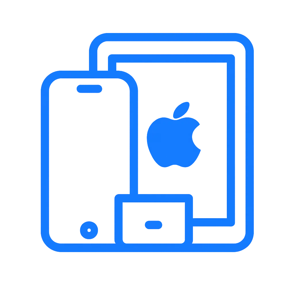 Flat blue icon showing an iPhone and an iPad side by side, representing iOS device compatibility.