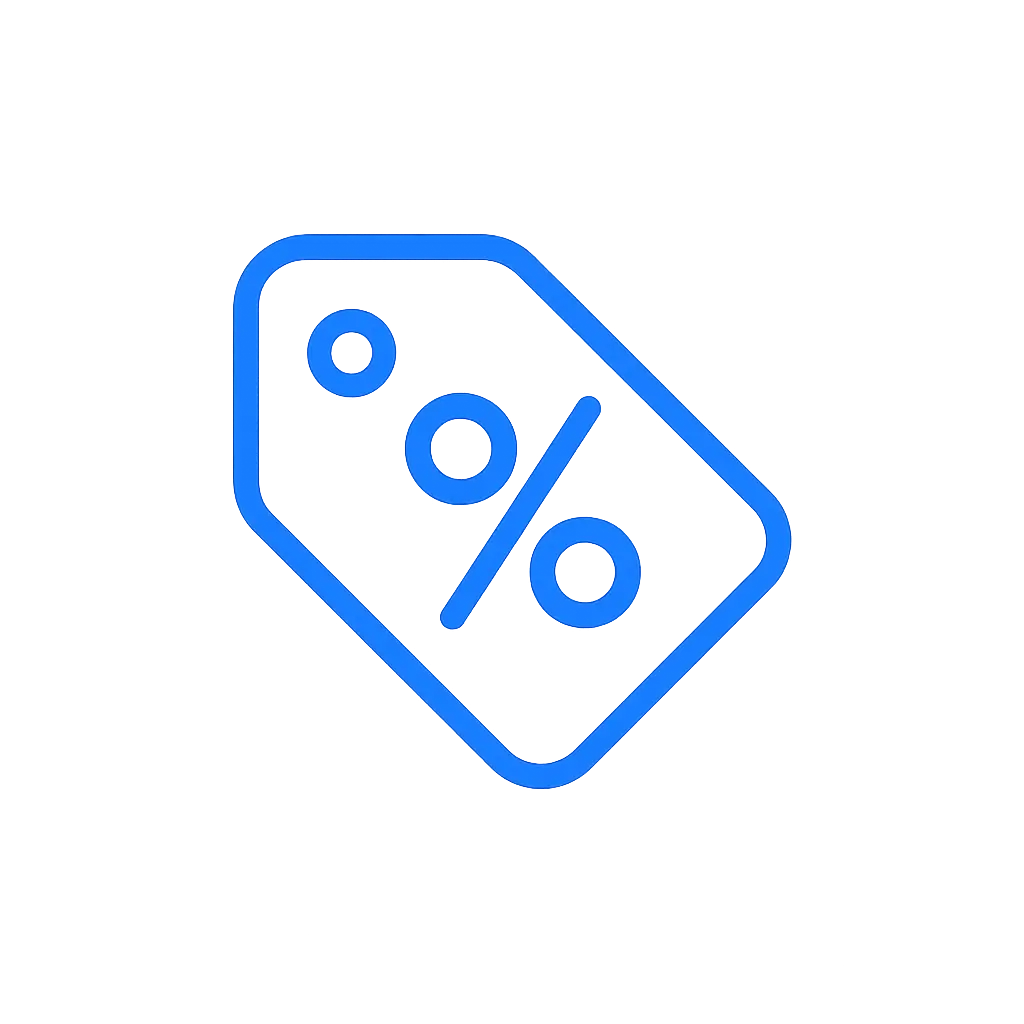 Flat blue icon of a horizontal price tag with a percentage symbol representing limited-time discounts.
