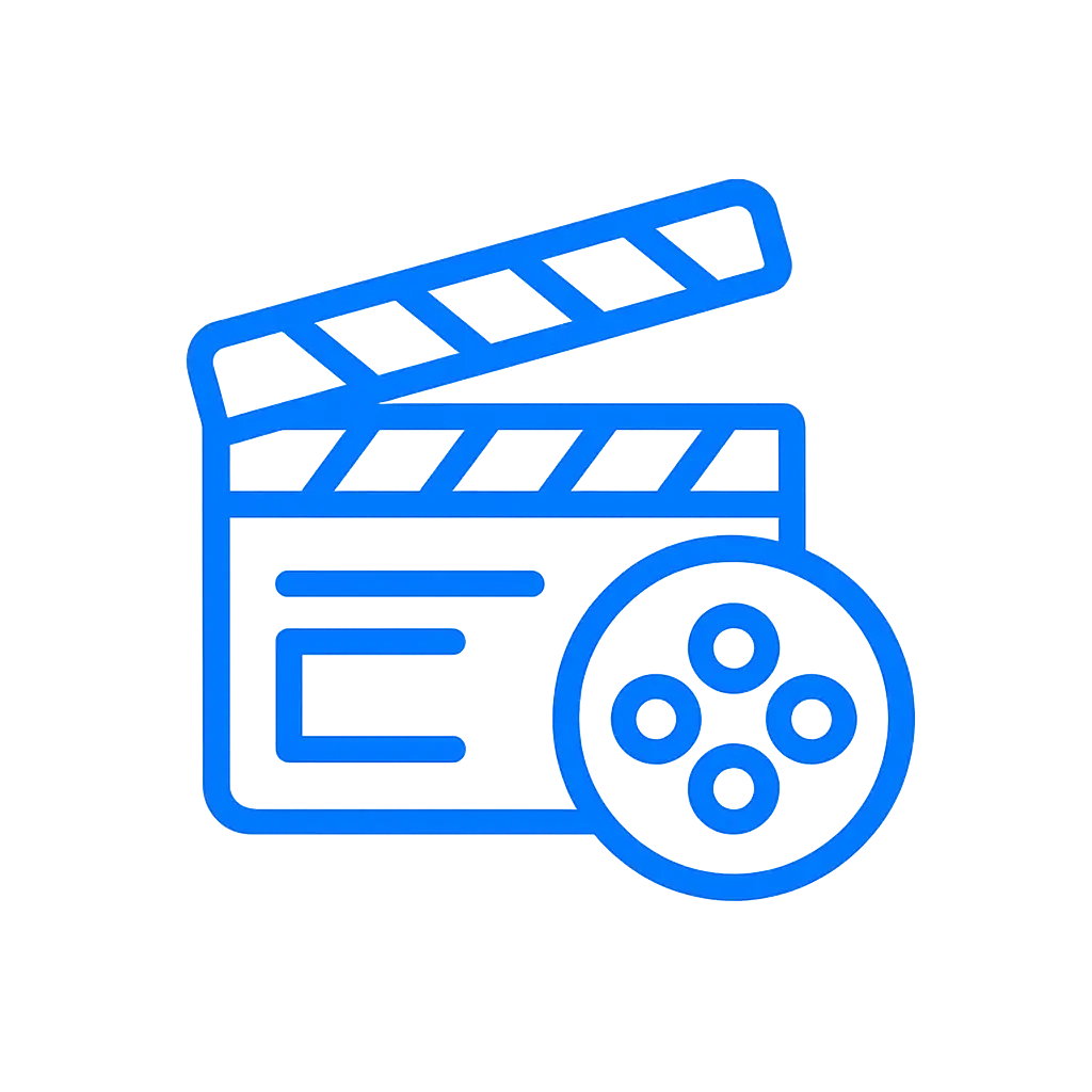 Flat blue icon of a film clapperboard and a movie reel representing movies and series channels.