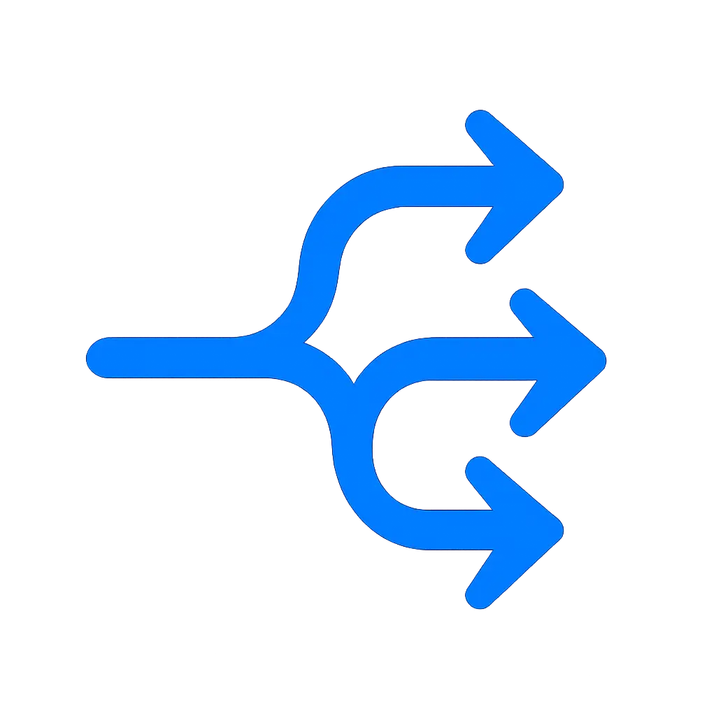 Blue smart routing icon showing a network node and three connected pathways