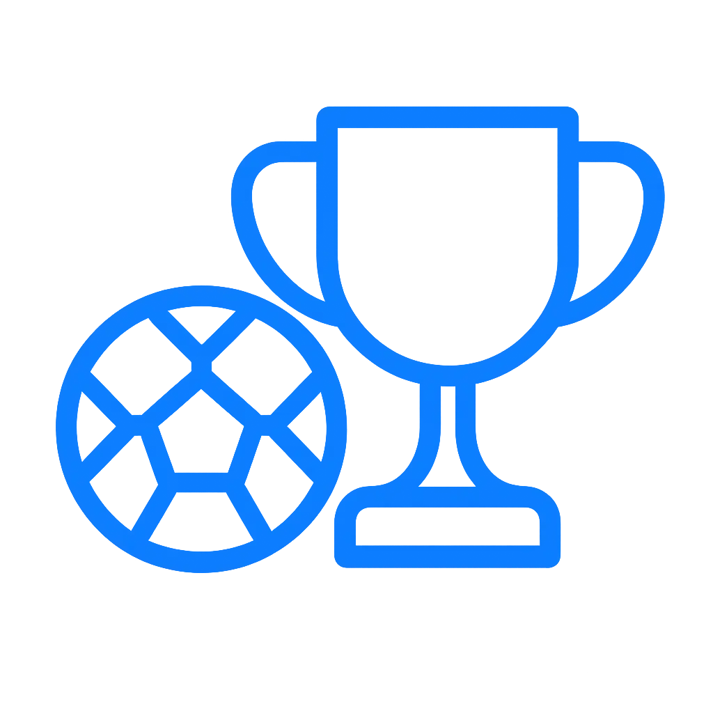 Flat blue icon showing a trophy and a soccer ball representing sports channels.