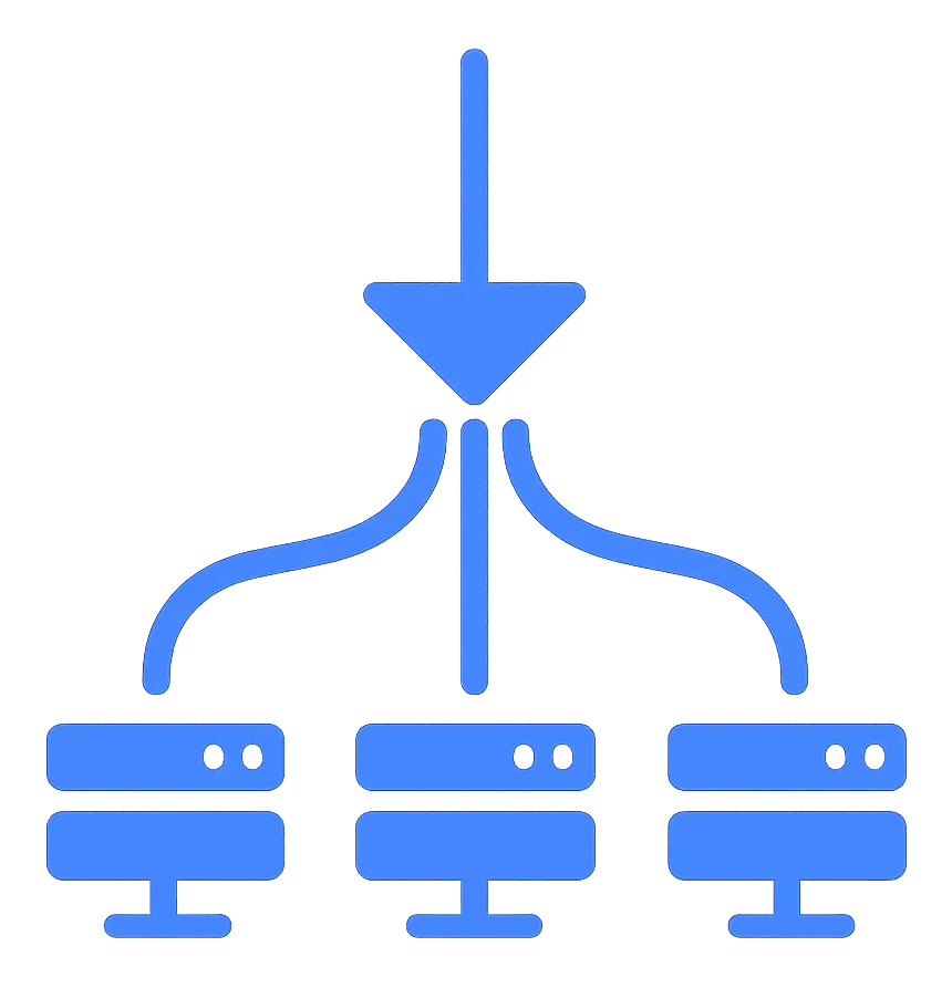 Blue vector icon showing a single feed distributing content to multiple platforms and panels
