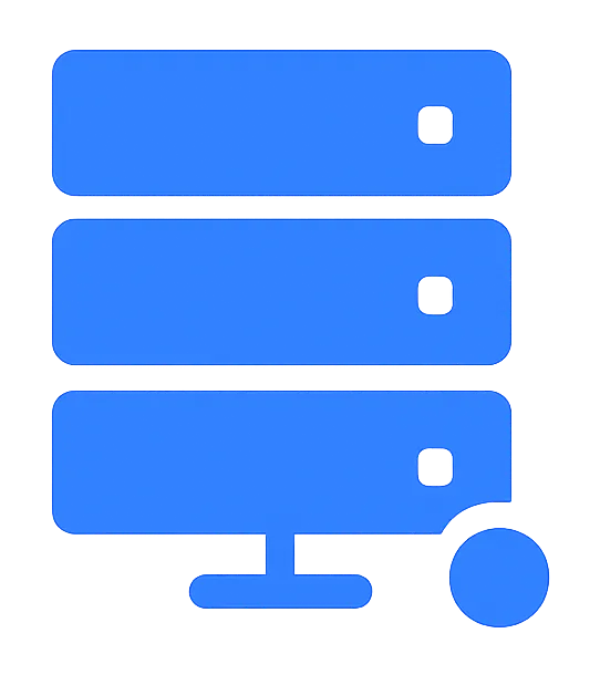 Blue vector icon showing a server stack with a control node representing managed infrastructure
