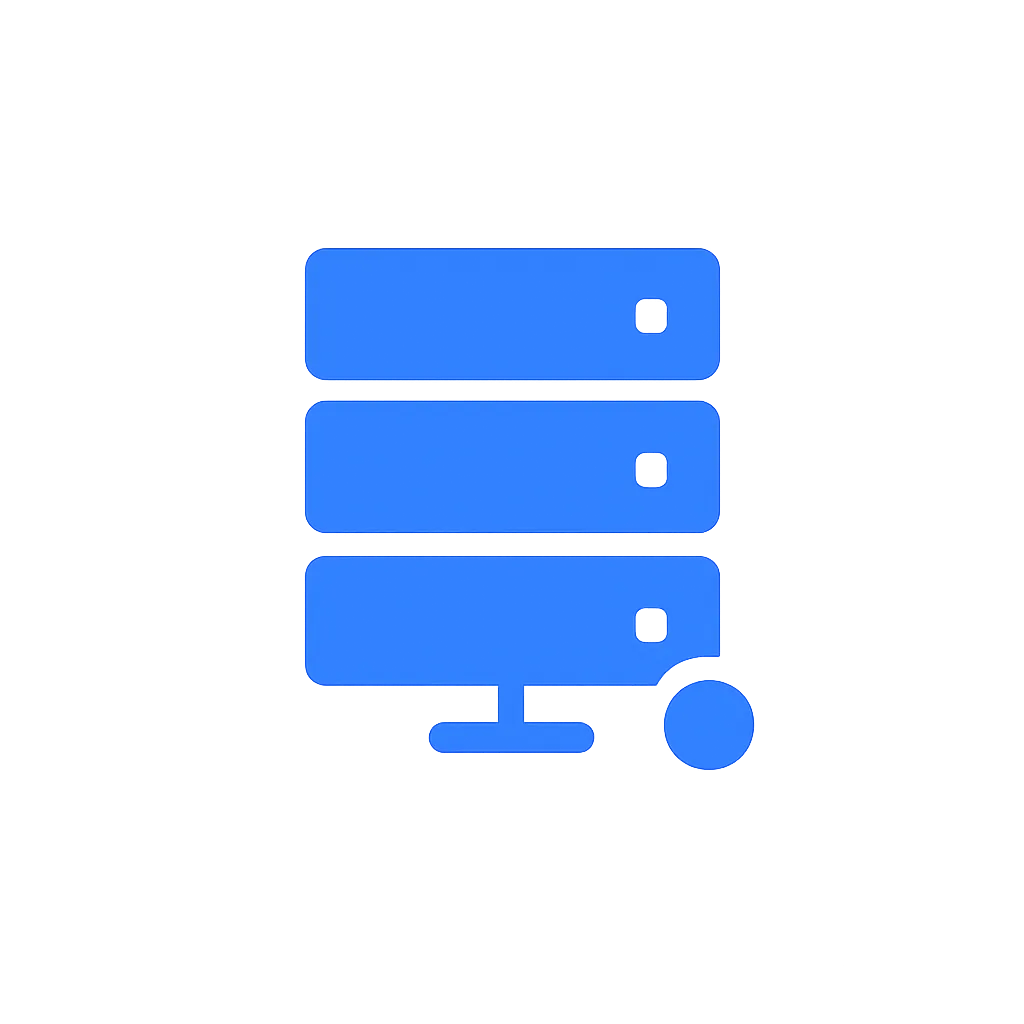 Blue vector icon showing a server stack with a control node representing managed infrastructure

