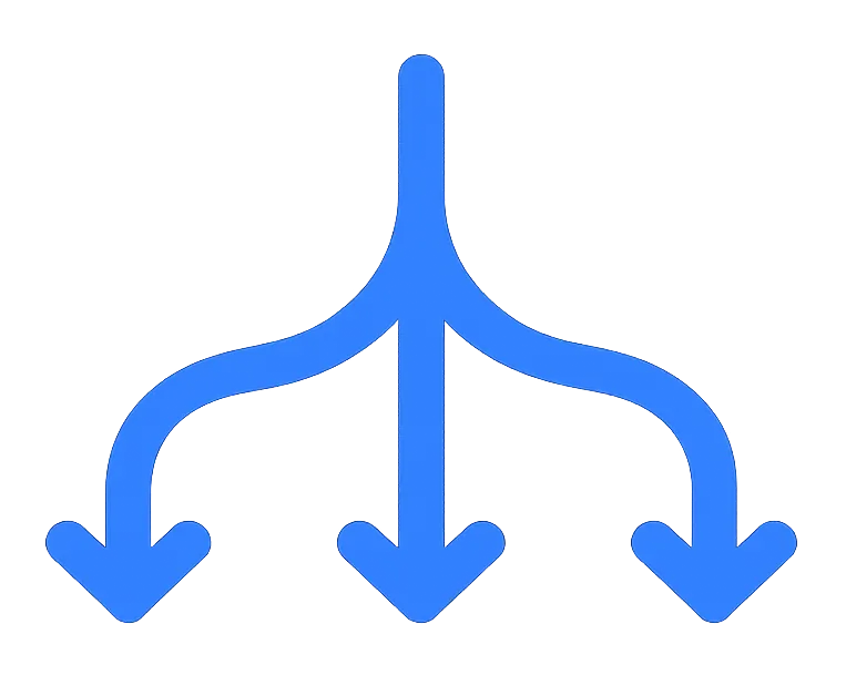 Blue vector icon showing a single stream splitting into three output paths
